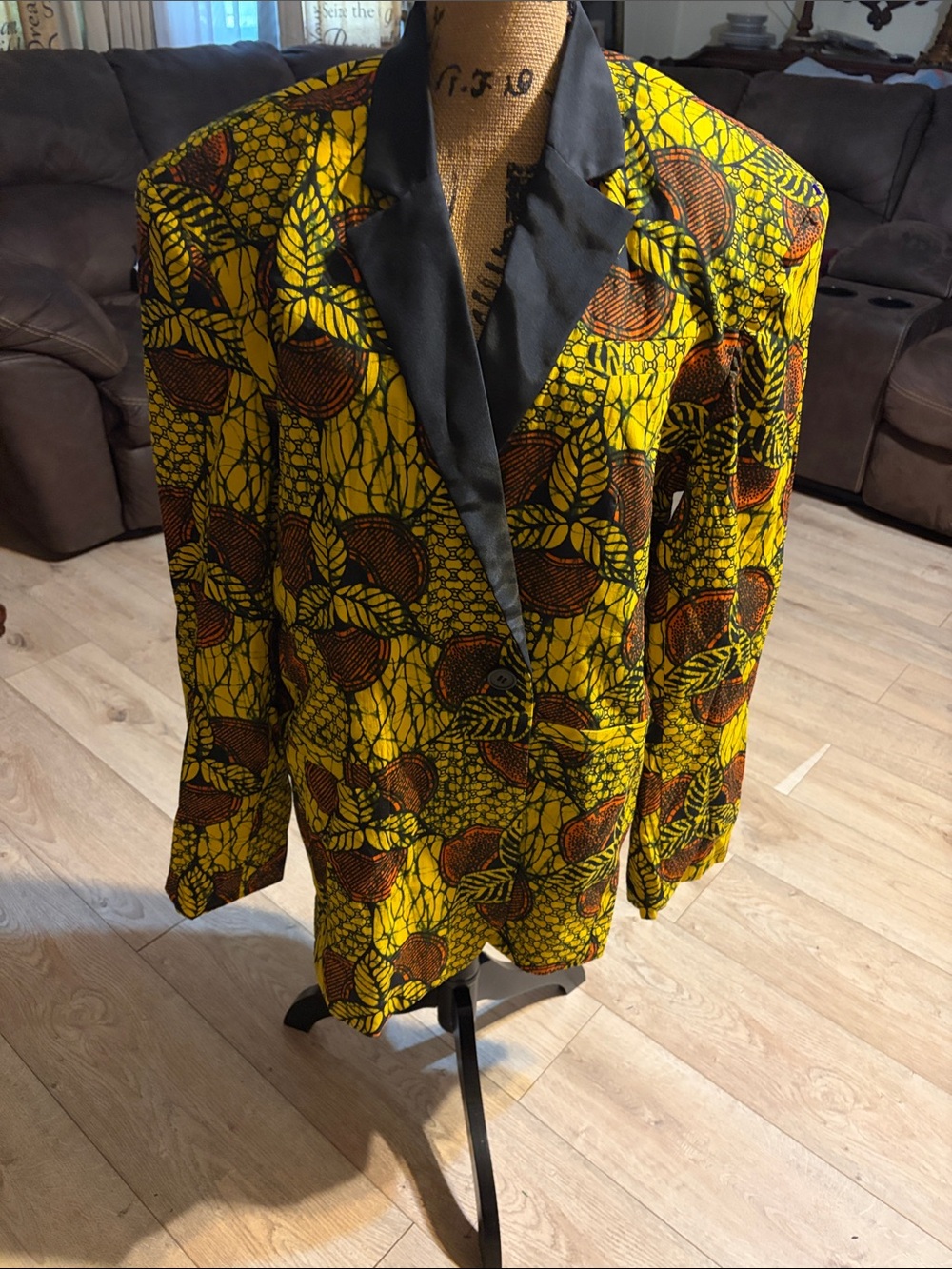 Ashro Yellow and Black Patterned Blazer with Black Satin Lapel